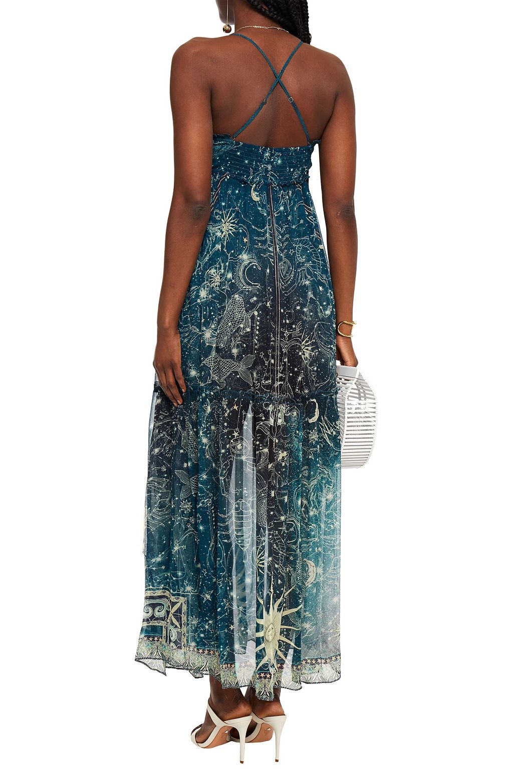CAMILLA Embellished shirred printed silk-georgette maxi dress