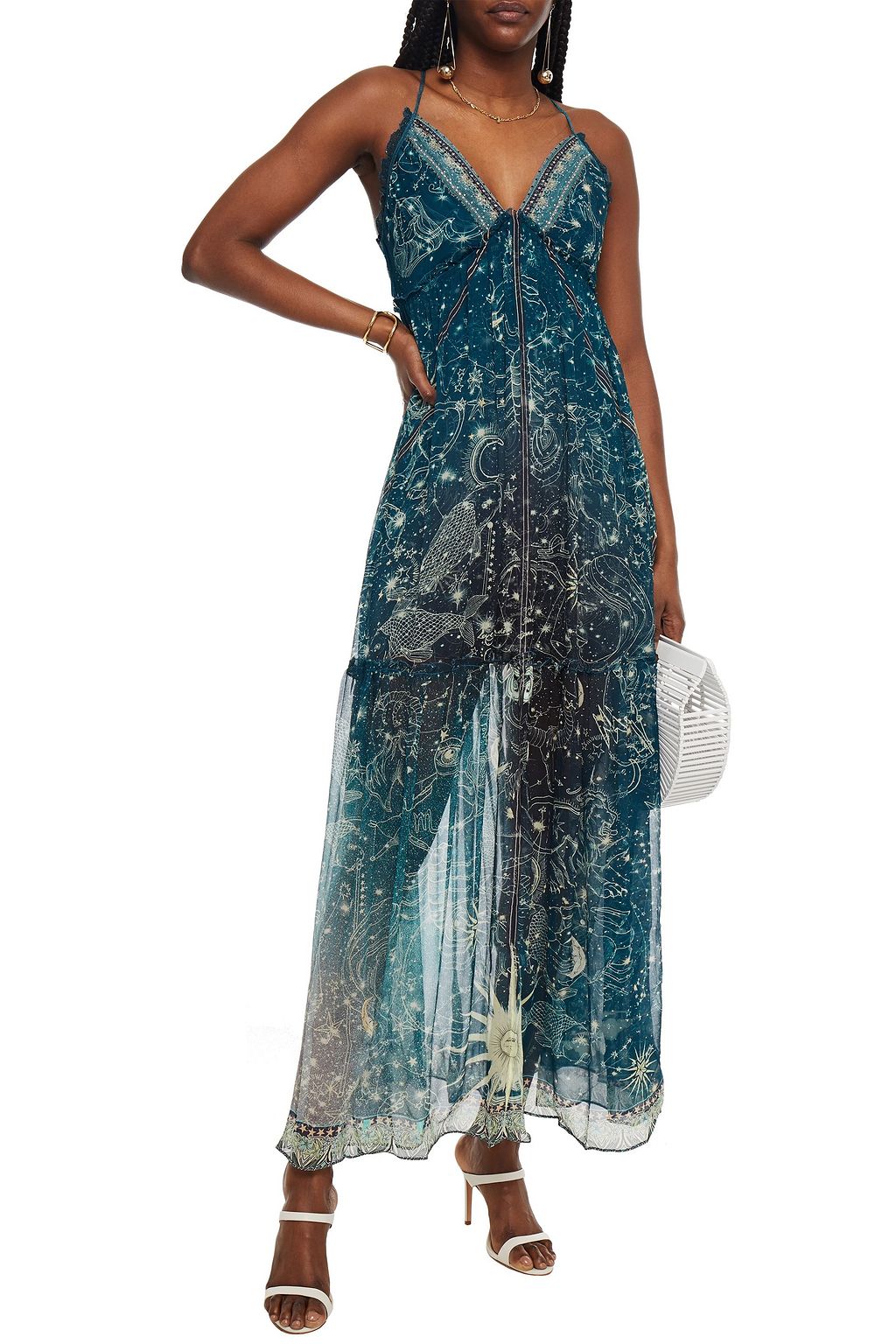 CAMILLA Embellished shirred printed silk-georgette maxi dress