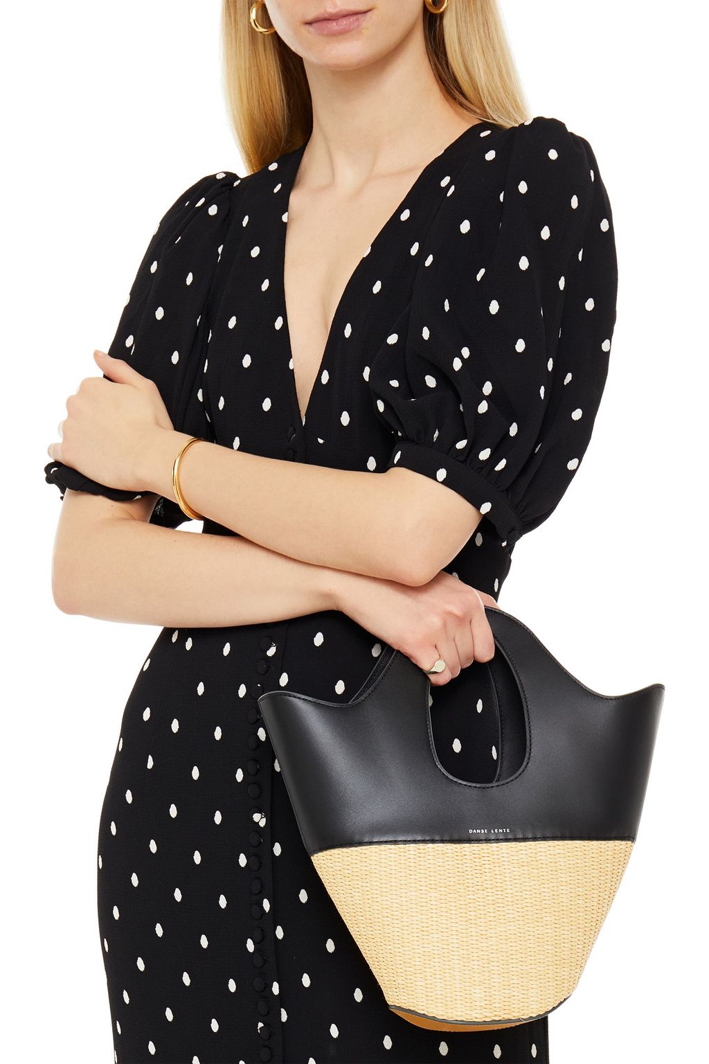 DANSE LENTE Two-tone leather and raffia tote