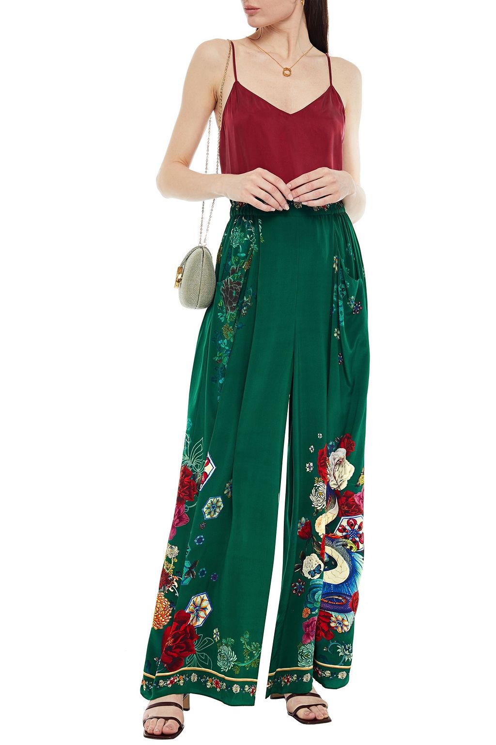 CAMILLA Emeralds Orbit embellished printed silk crepe de chine wide-leg pants