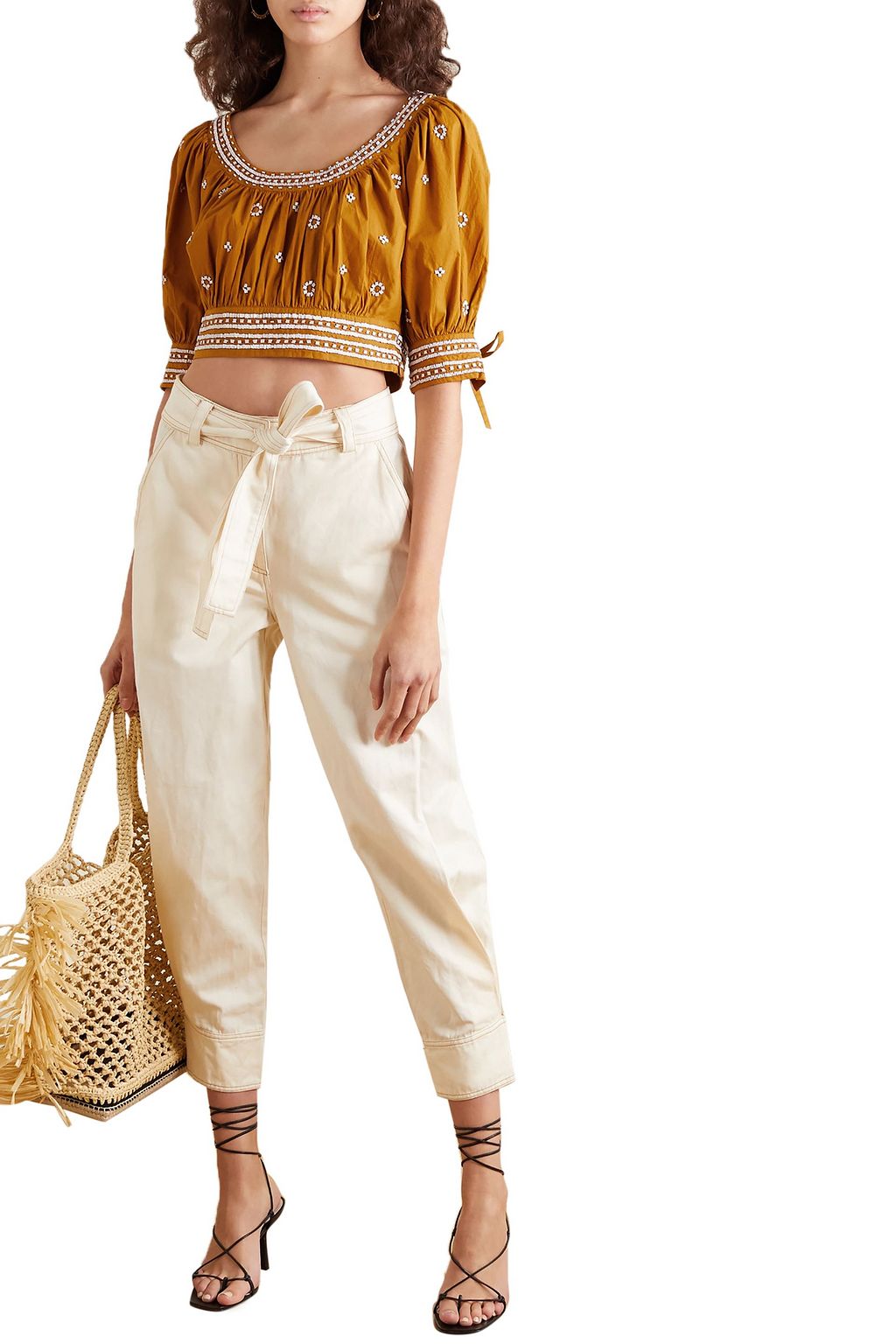ULLA JOHNSON Zola cropped bead-embellished cotton top