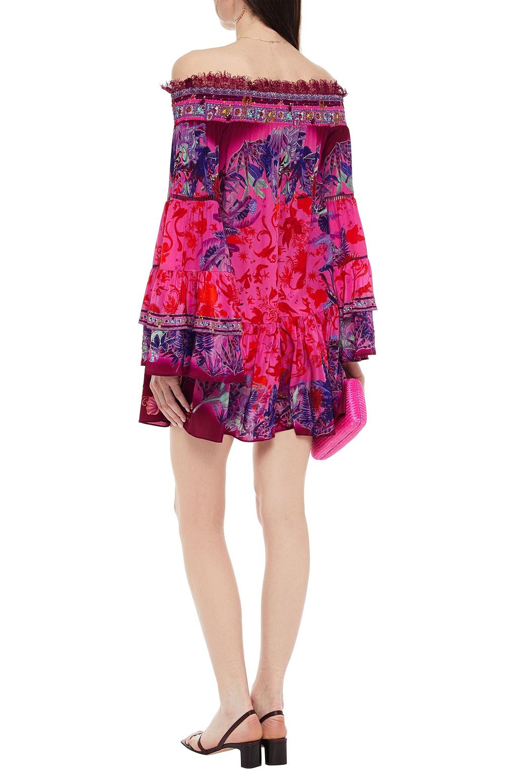 CAMILLA Of-the-shoulder printed silk crepe de chine mini dress