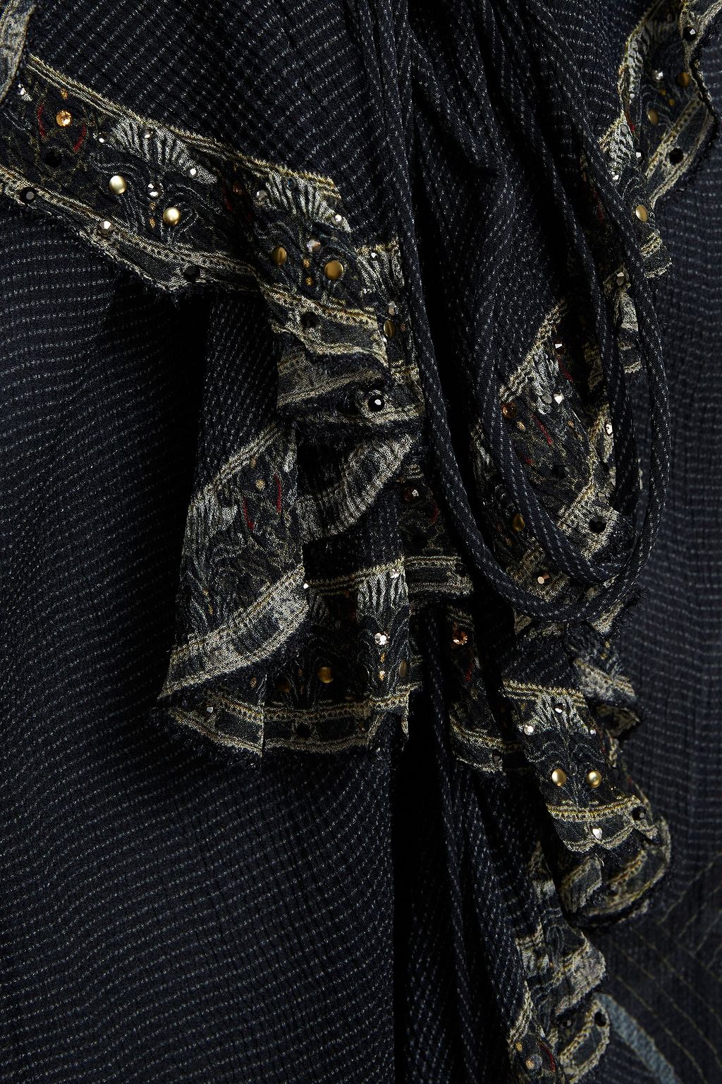 CAMILLA Metallic-trimmed ruffled embellished printed silk-crepon blouse