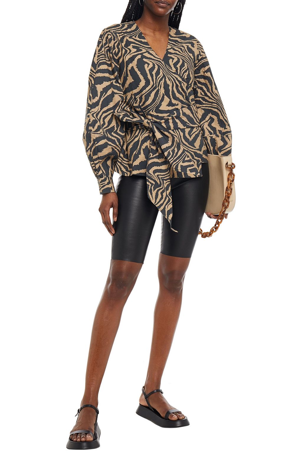 GANNI Tiger-print cotton-poplin wrap top