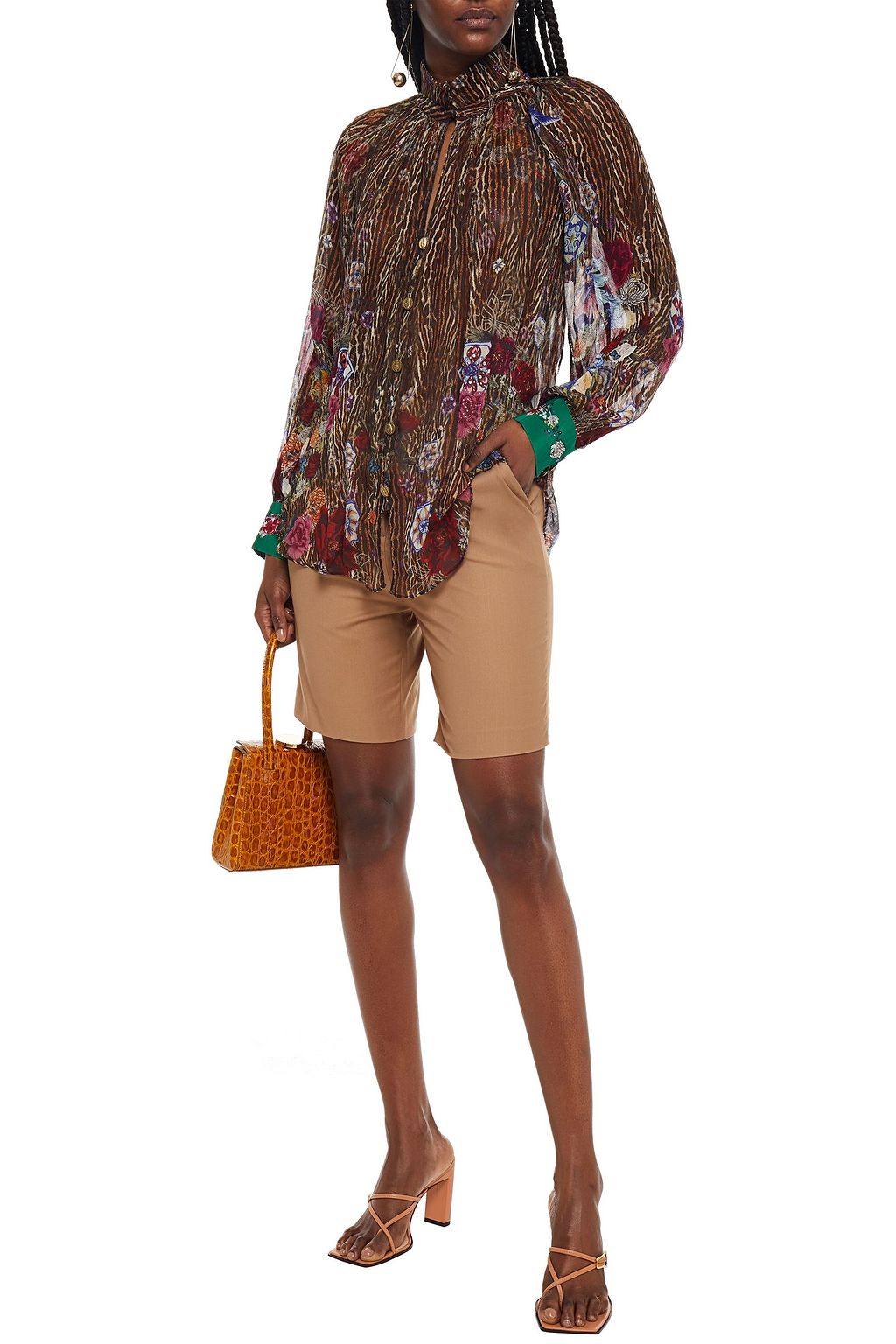 CAMILLA Crystal-embellished gathered printed silk-georgette shirt