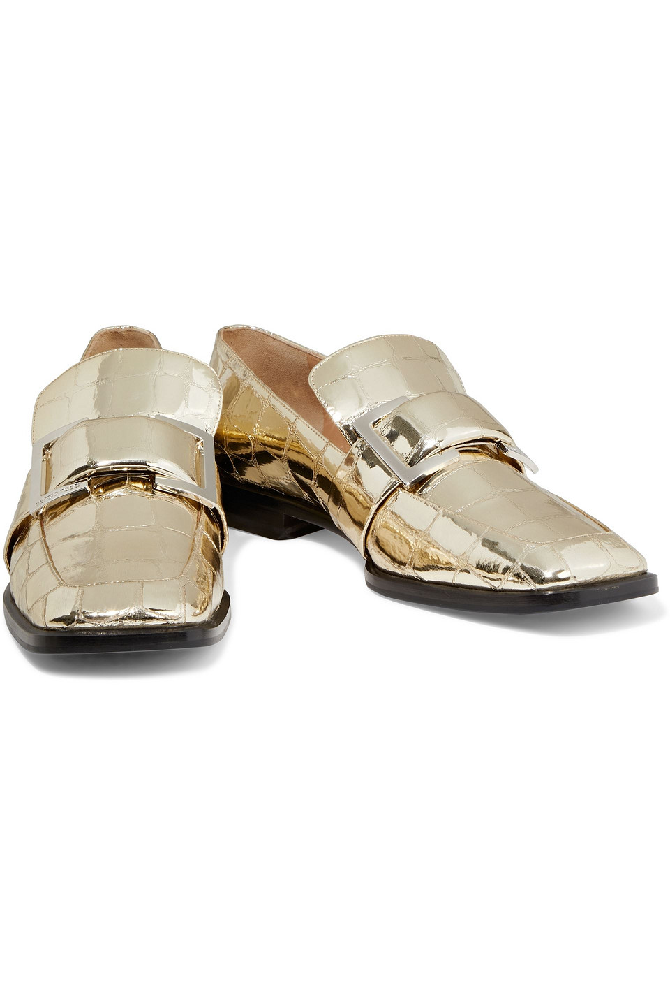 Sergio Rossi Sr Prince Buckle-embellished Metallic Croc-effect Leather Loafers In Gold
