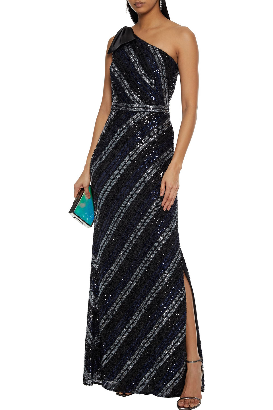 Marchesa Notte One-shoulder Bow-embellished Striped Sequined Tulle Gown In  Navy