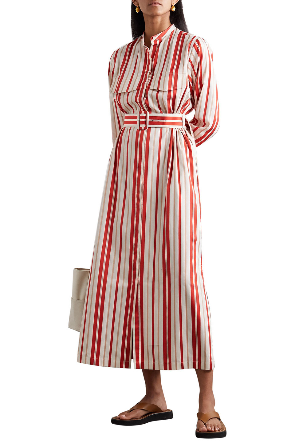 Bouguessa Belted Striped Poplin Midi Shirt Dress In White