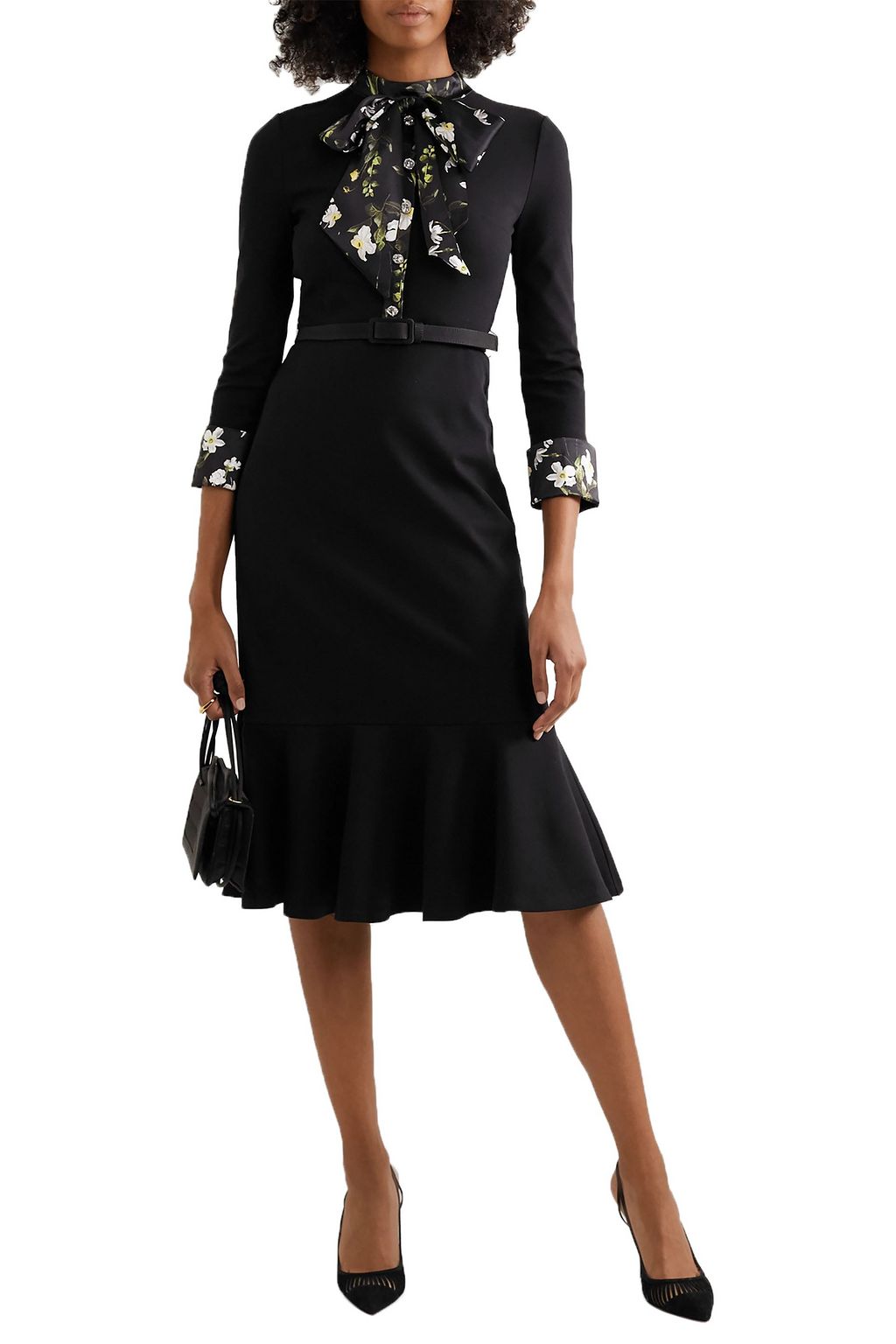 ERDEM Hilma belted floral-print satin-trimmed stretch-ponte midi dress