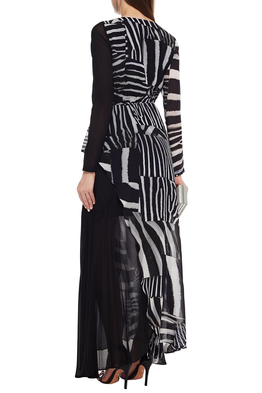 JUST CAVALLI Wrap-effect paneled zebra-print georgette maxi dress