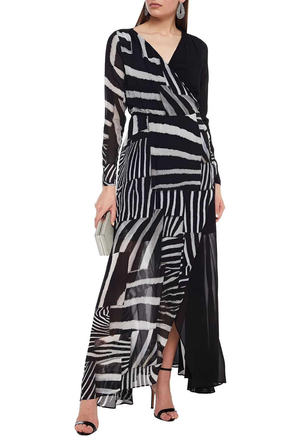 JUST CAVALLI Wrap-effect paneled zebra-print georgette maxi dress