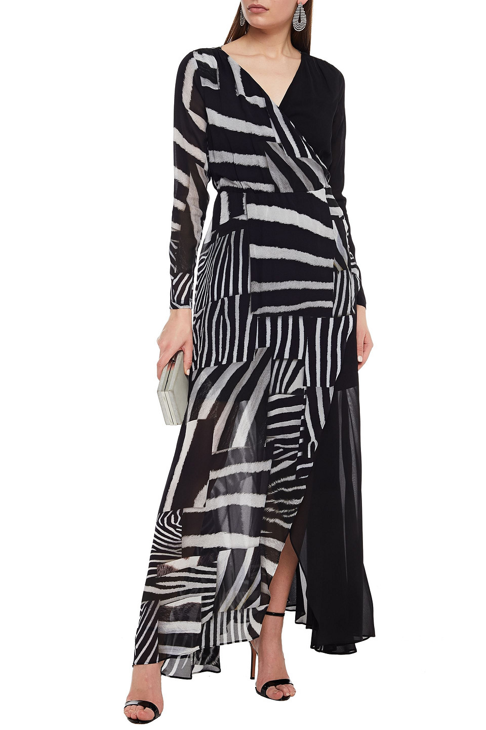 Just Cavalli Wrap-effect Paneled Zebra-print Georgette Maxi Dress