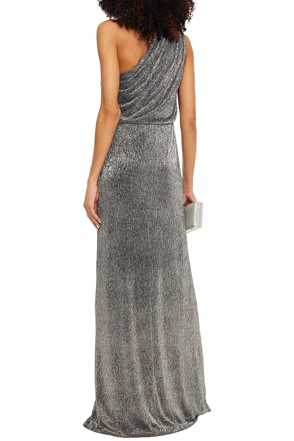 HALSTON Helen one-shoulder ruched metallic jersey gown