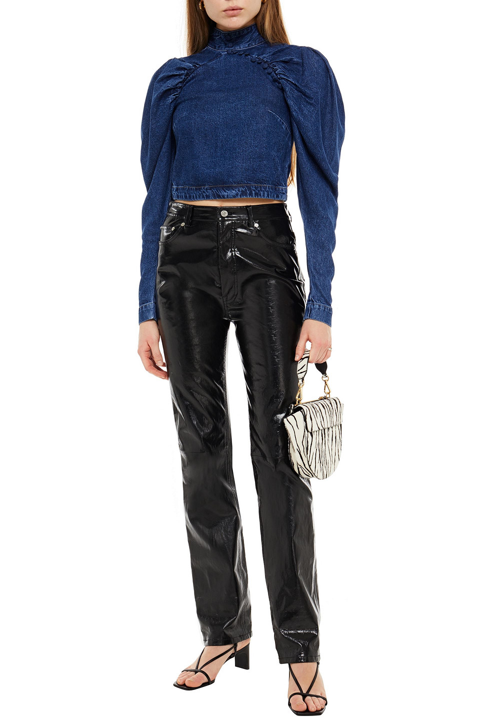 Rotate Birger Christensen Kim Cropped Gathered Denim Top In Blue