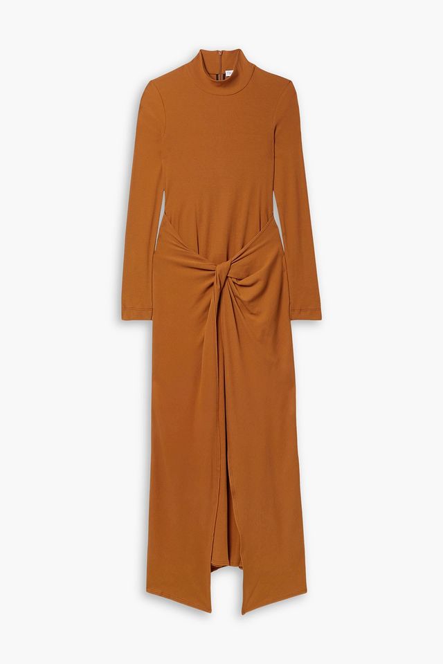 Twist-front cotton-jersey turtleneck midi dress