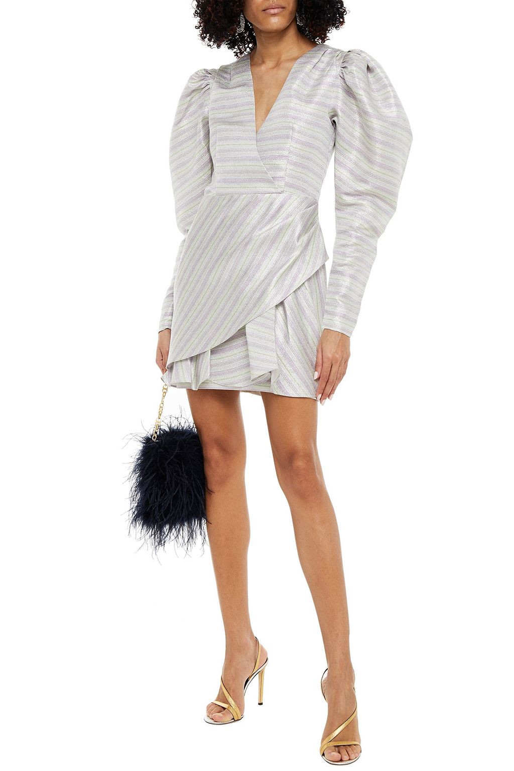 ROTATE BIRGER CHRISTENSEN Wrap-effect striped metallic jacquard mini dress
