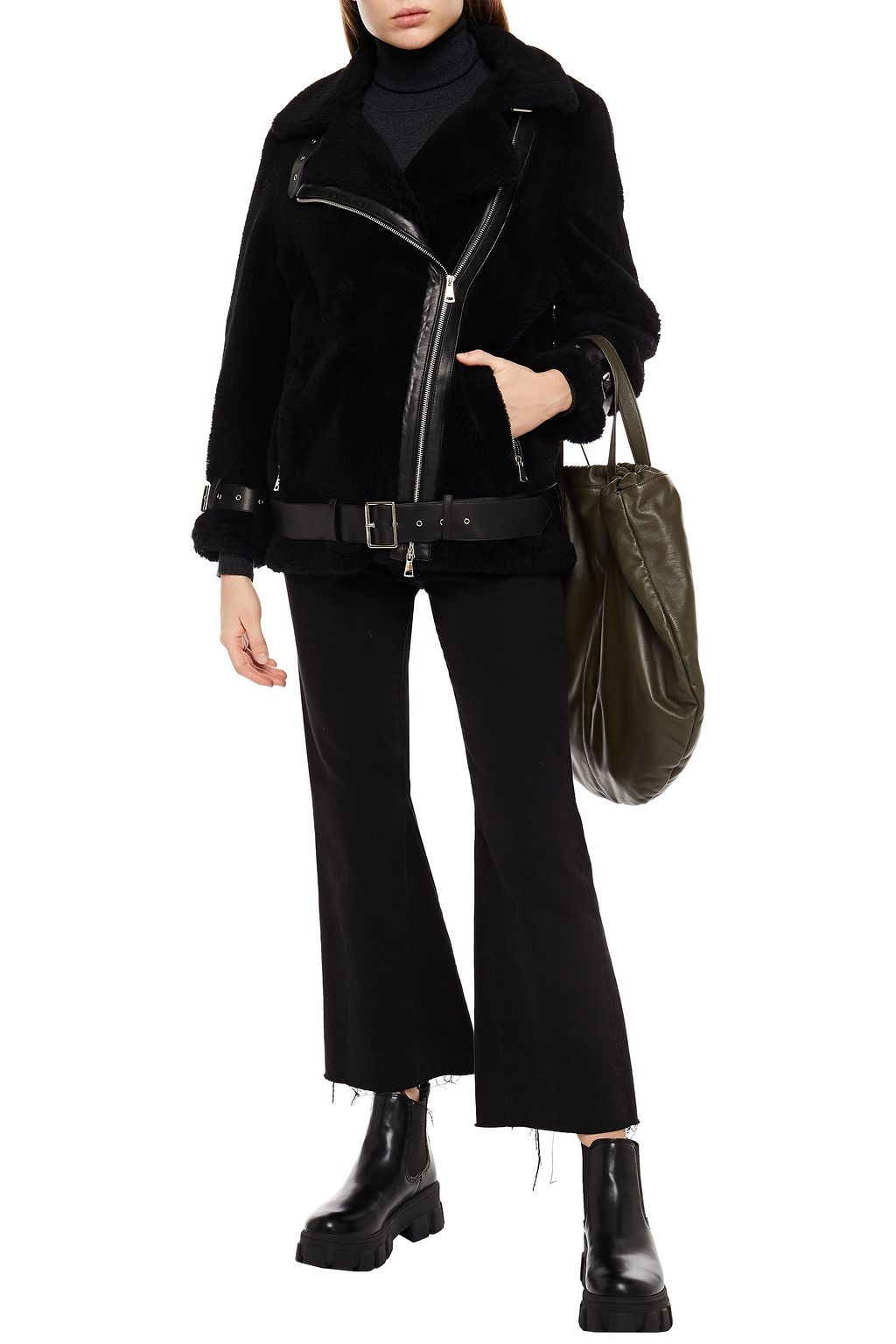 STAND STUDIO Colleen faux leather-trimmed brushed-wool biker jacket