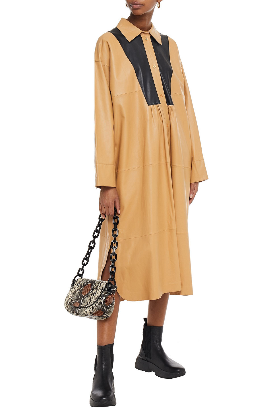 Stand Studio Oversized Leather Midi Shirt Dress In Sand