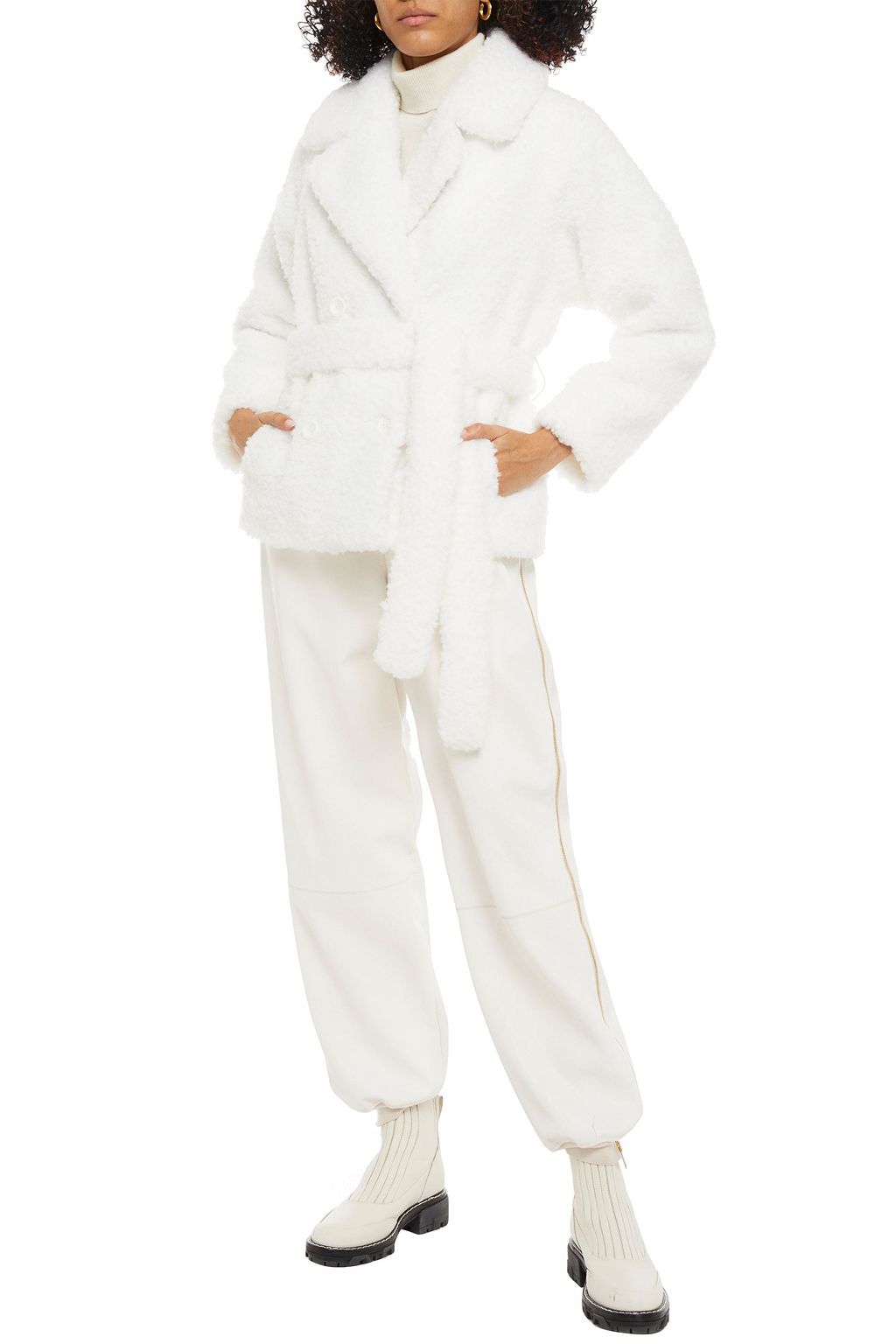 STAND STUDIO Tiffany double-breasted belted faux shearling jacket