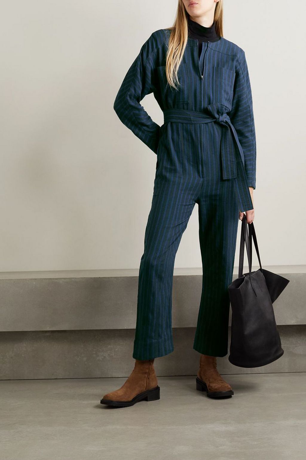 APIECE APART Mars belted striped herringbone cotton jumpsuit