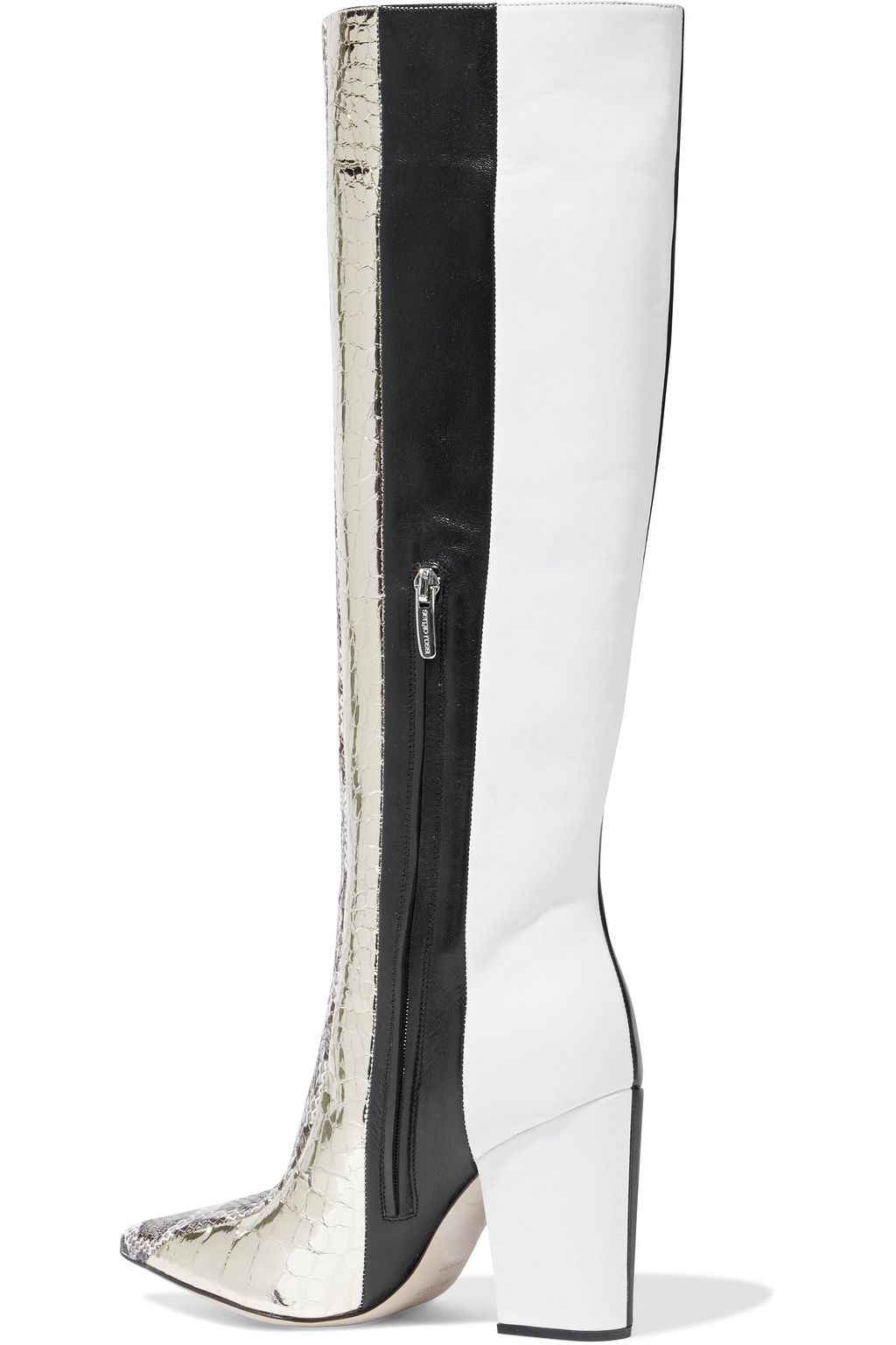 SERGIO ROSSI Paneled elaphe, smooth and metallic croc-effect leather knee boots