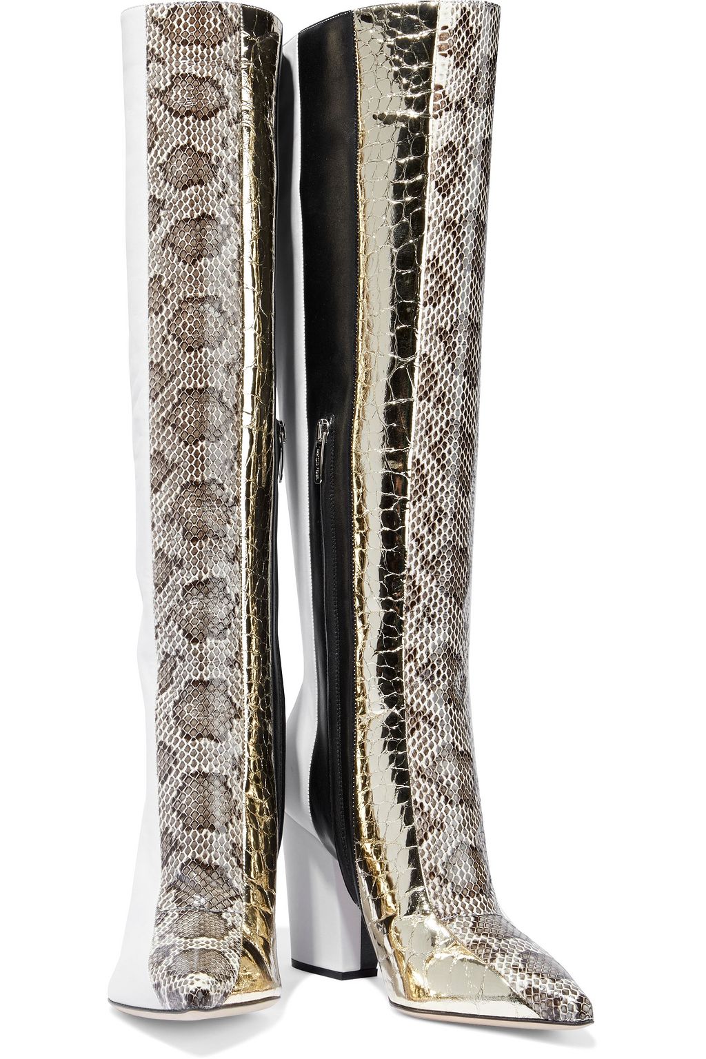 SERGIO ROSSI Paneled elaphe, smooth and metallic croc-effect leather knee boots