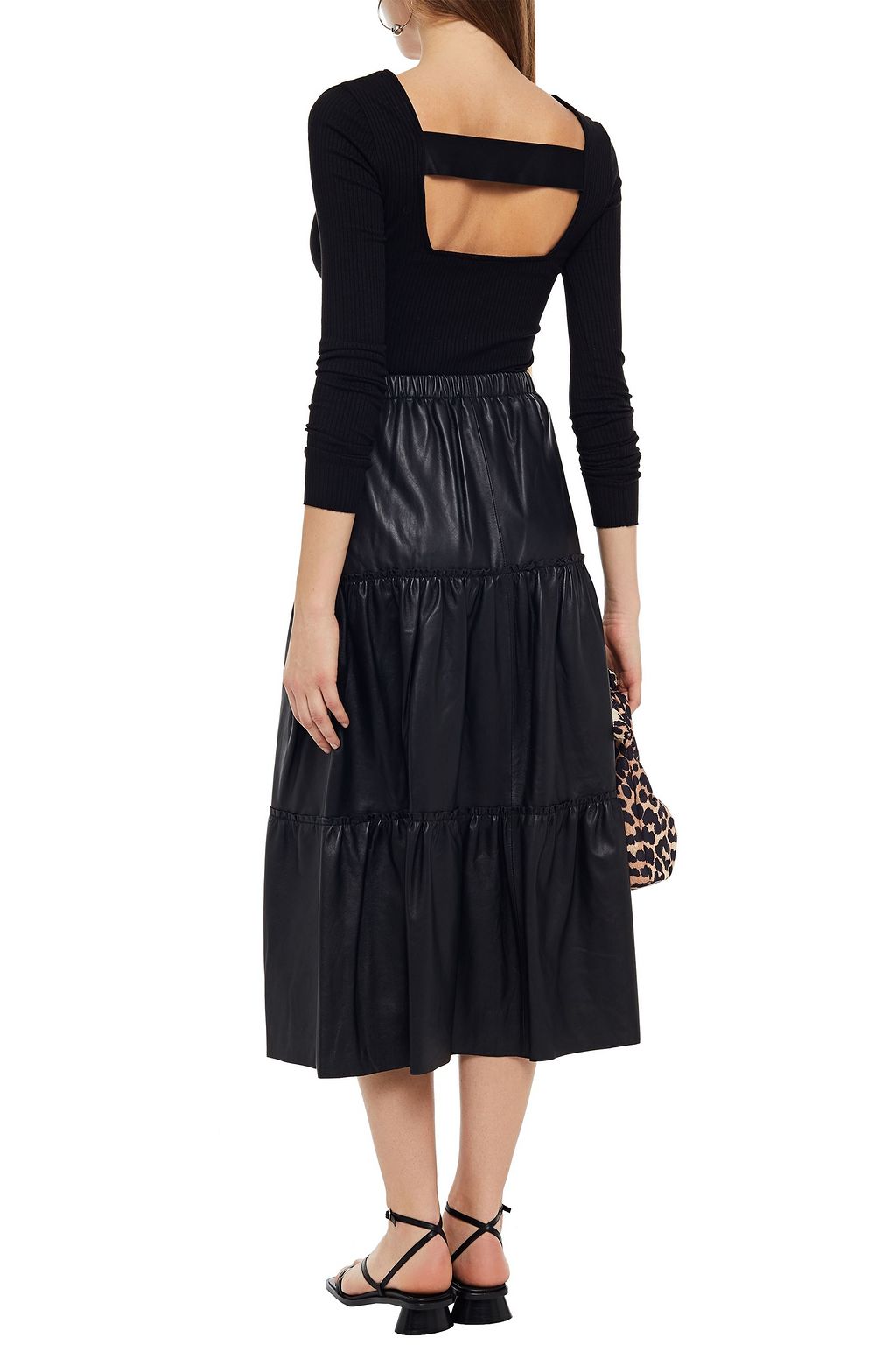 STAND STUDIO Tiered gathered leather midi skirt