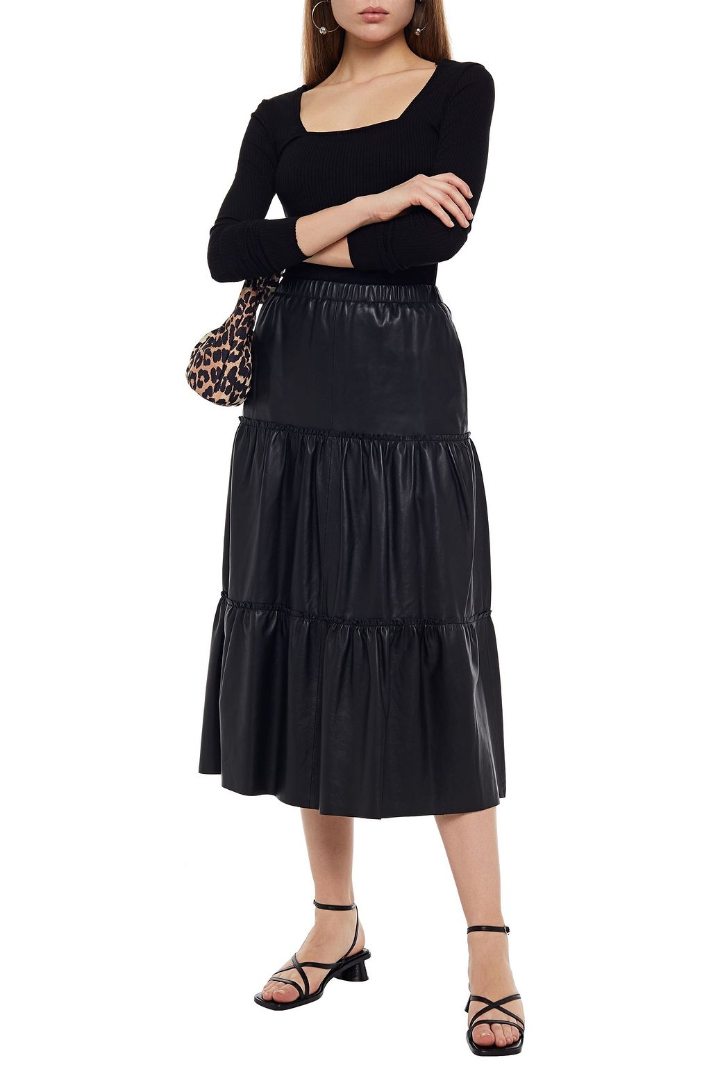 STAND STUDIO Tiered gathered leather midi skirt