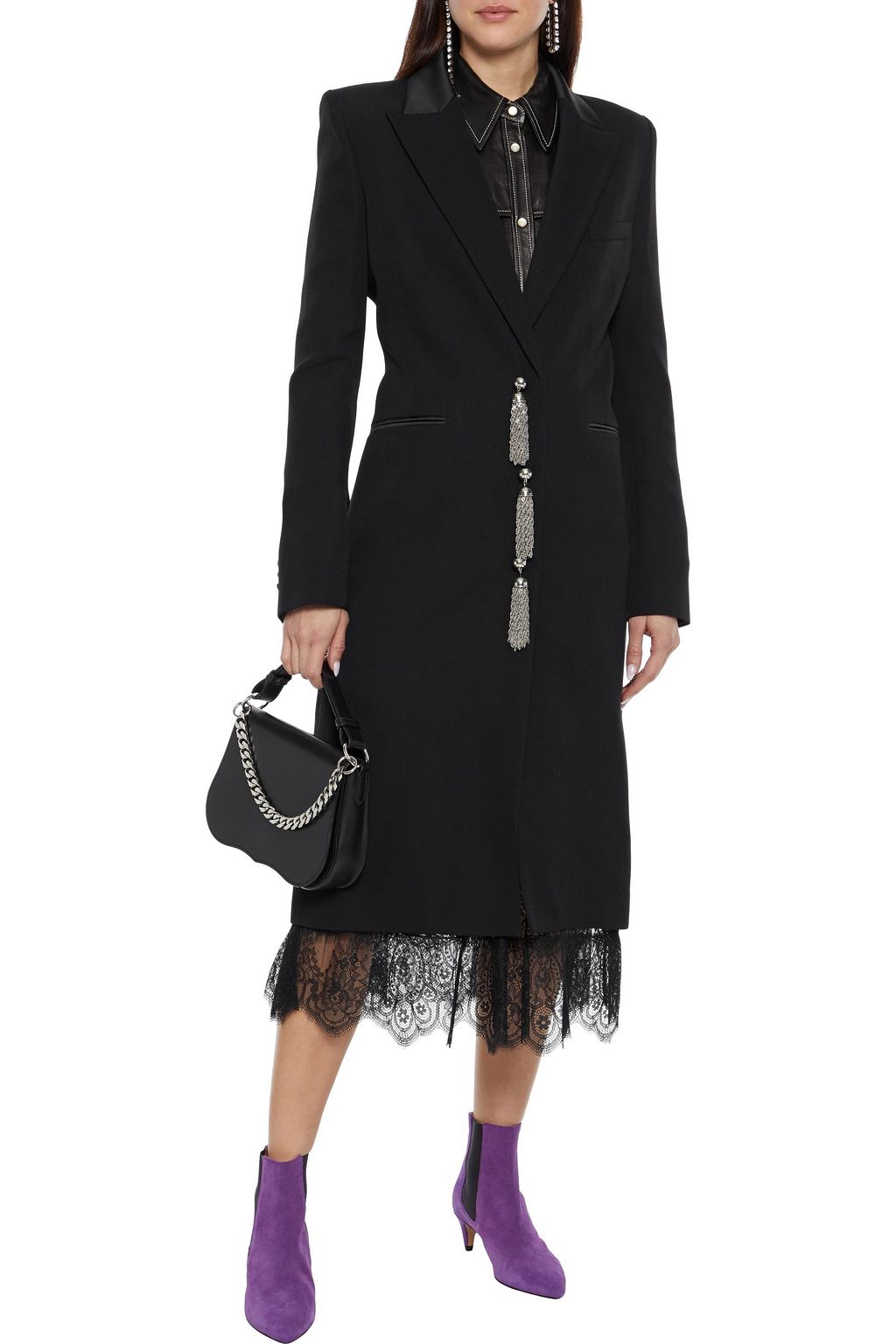 RABANNE Tasseled satin-trimmed wool-crepe coat