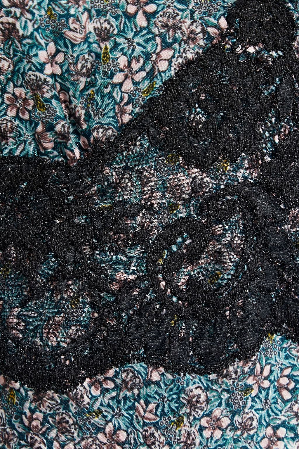 RABANNE Lace-trimmed floral-print crepe de chine maxi slip dress