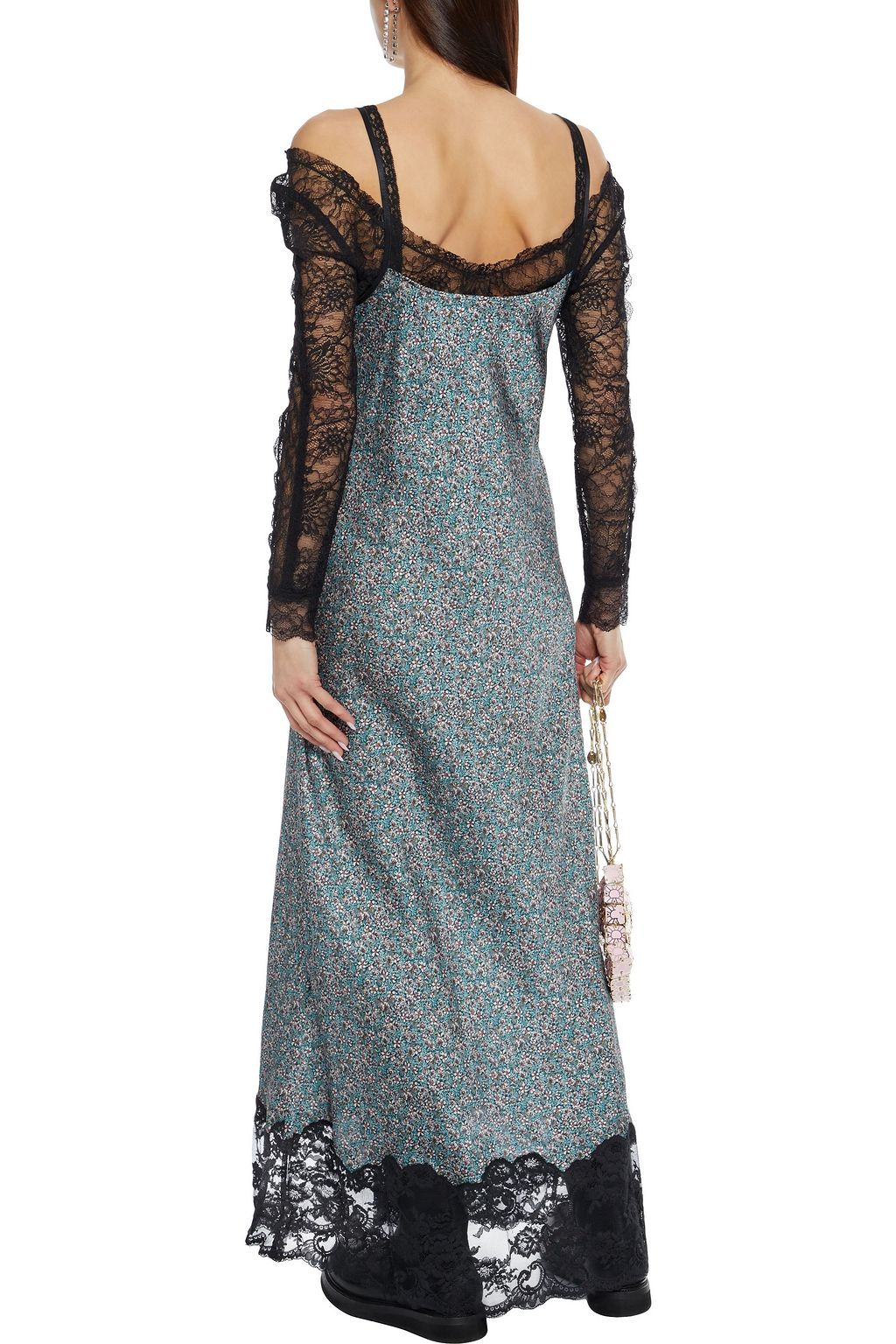 RABANNE Lace-trimmed floral-print crepe de chine maxi slip dress