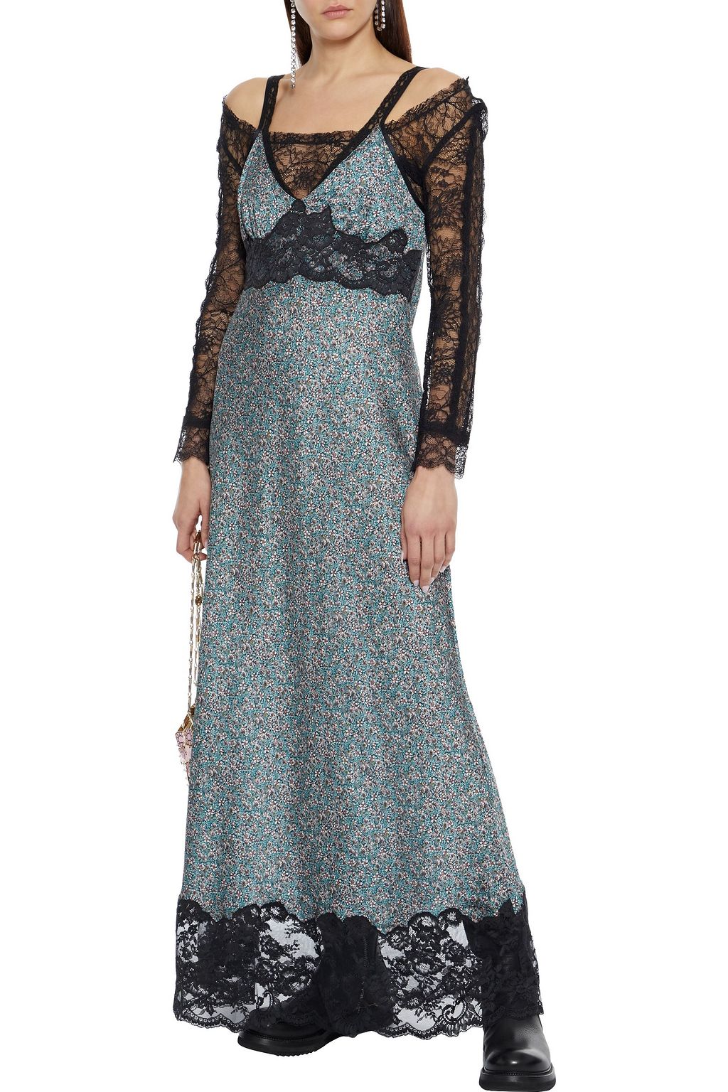 RABANNE Lace-trimmed floral-print crepe de chine maxi slip dress