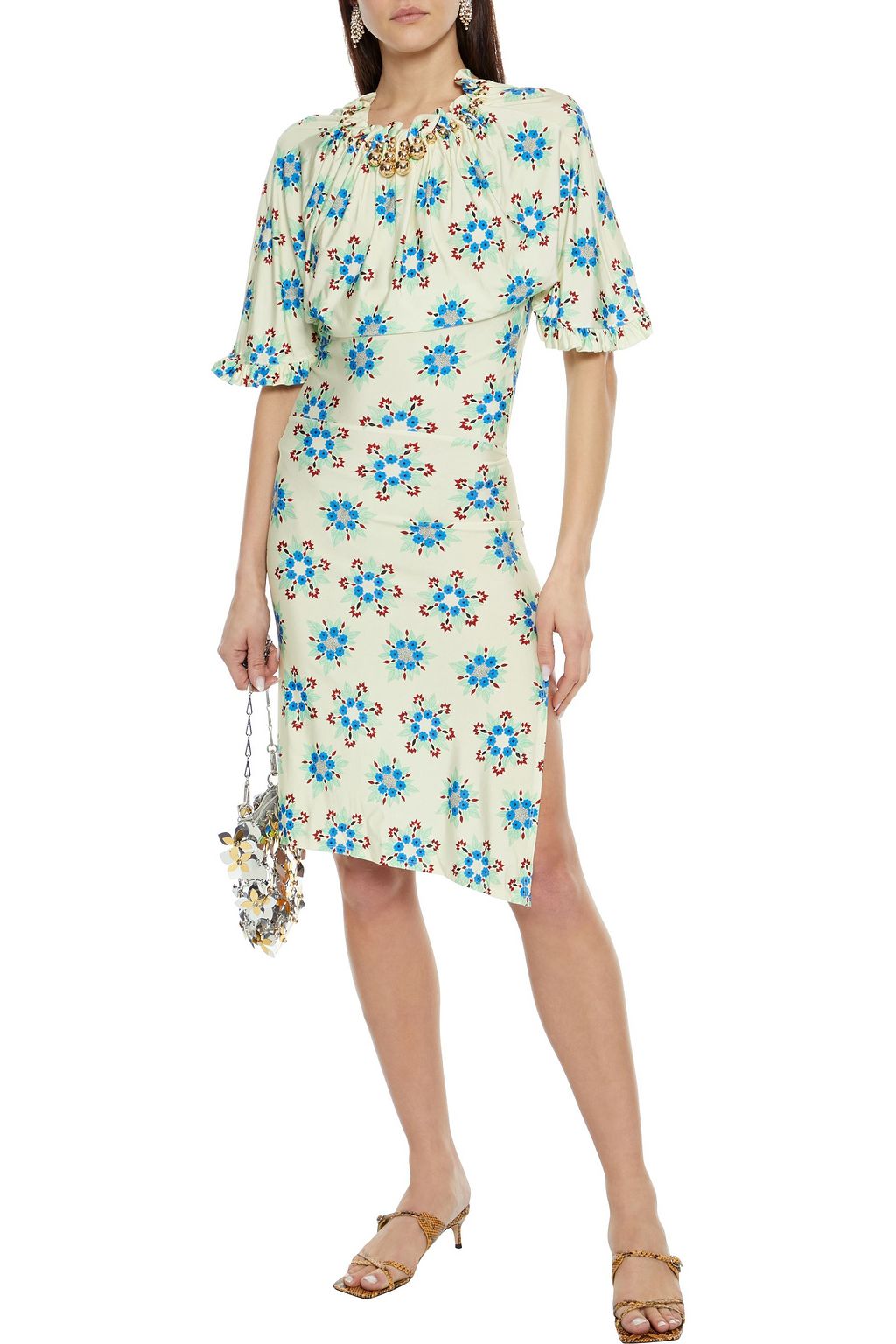 RABANNE Bead-embellished gathered floral-print stretch-jersey dress