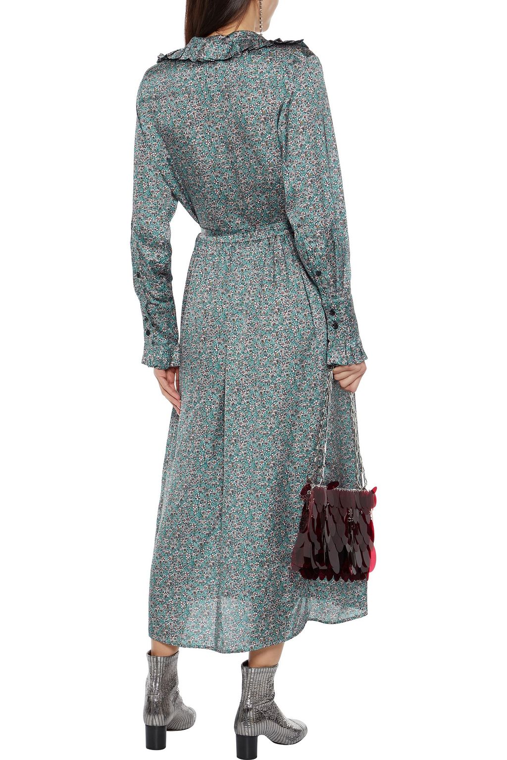 RABANNE Belted floral-print crepe de chine midi shirt dress