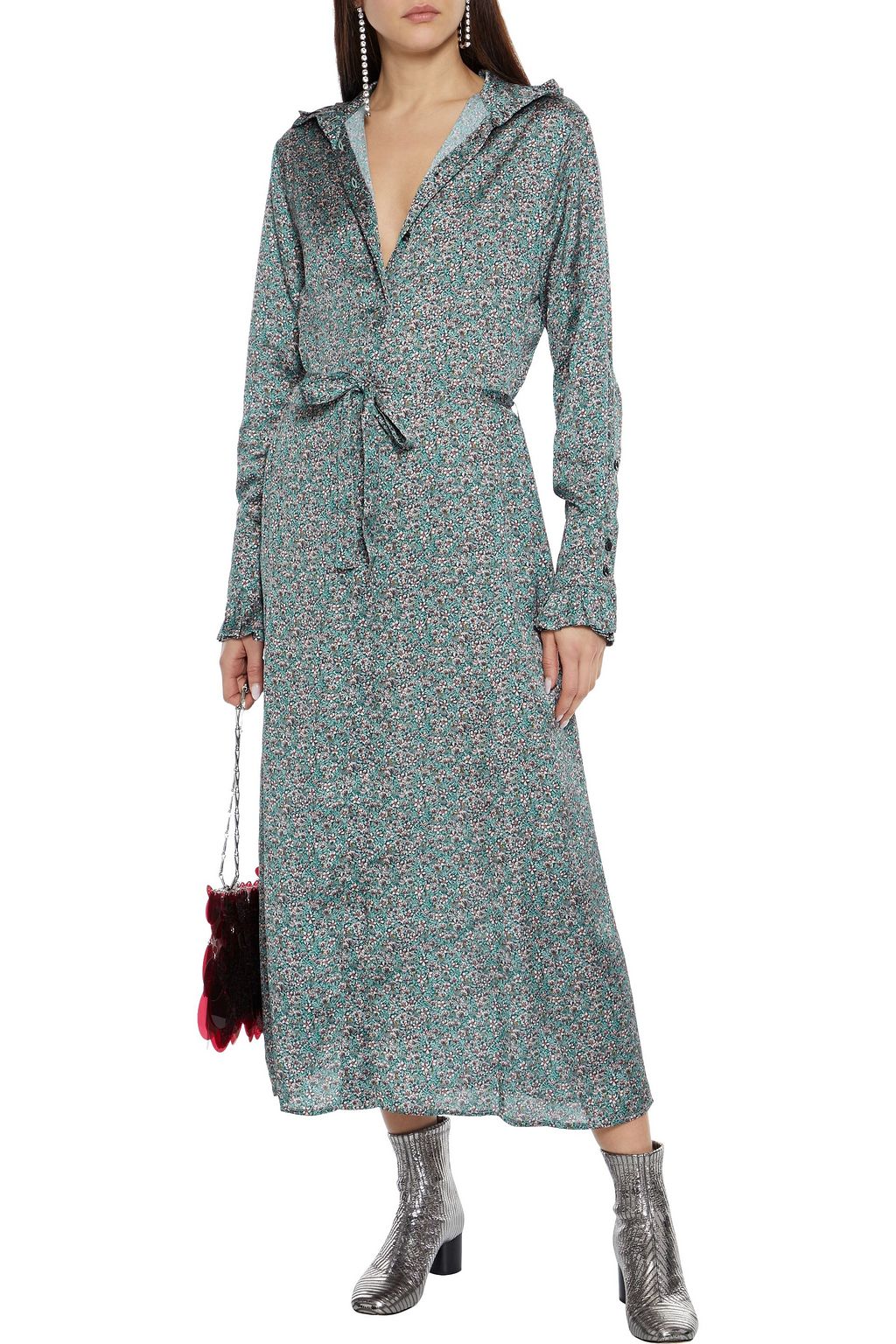 RABANNE Belted floral-print crepe de chine midi shirt dress