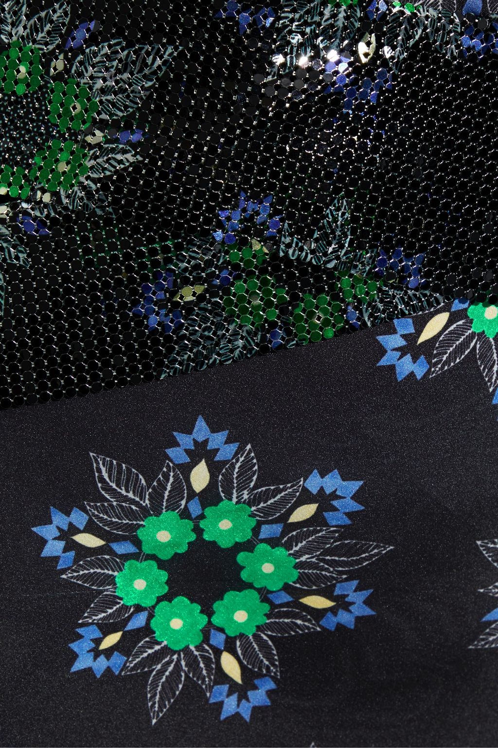 RABANNE Chainmail-trimmed floral-print crepe de chine midi skirt