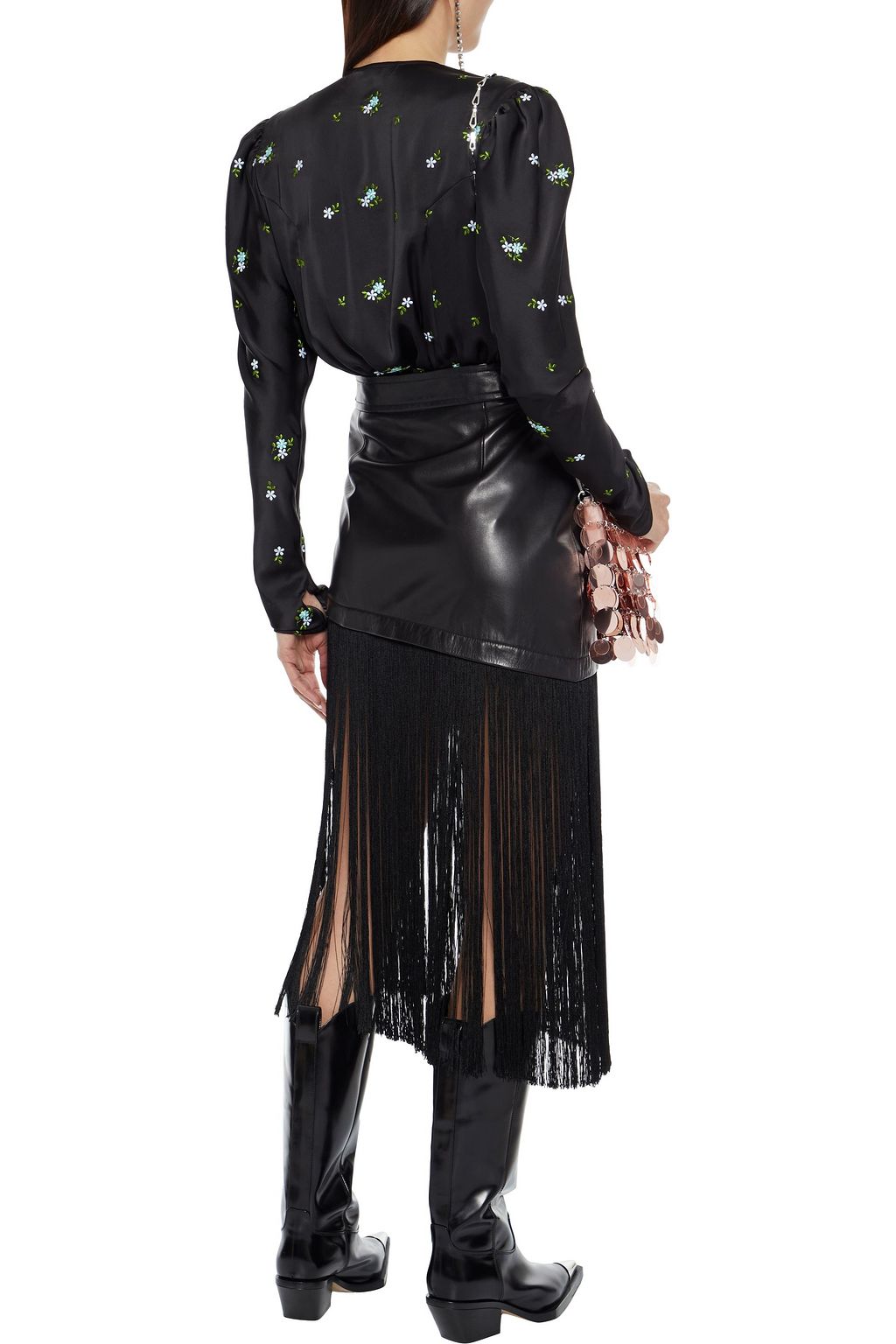 RABANNE Gathered embroidered satin top