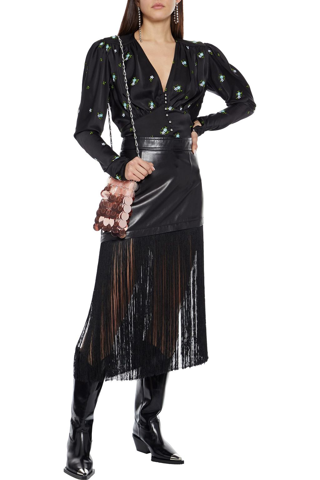 RABANNE Gathered embroidered satin top