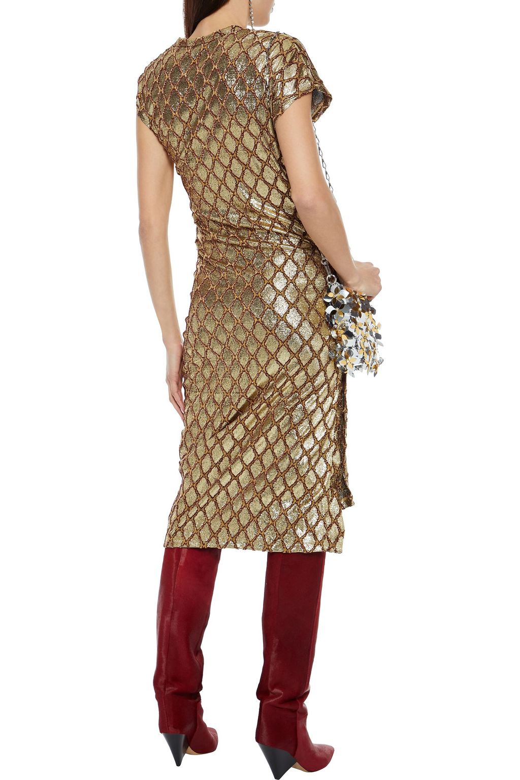 RABANNE Ruched lamé-jacquard midi dress
