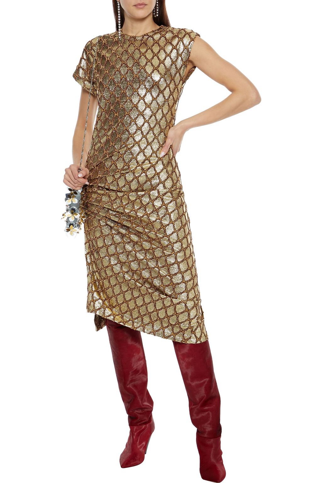 RABANNE Ruched lamé-jacquard midi dress