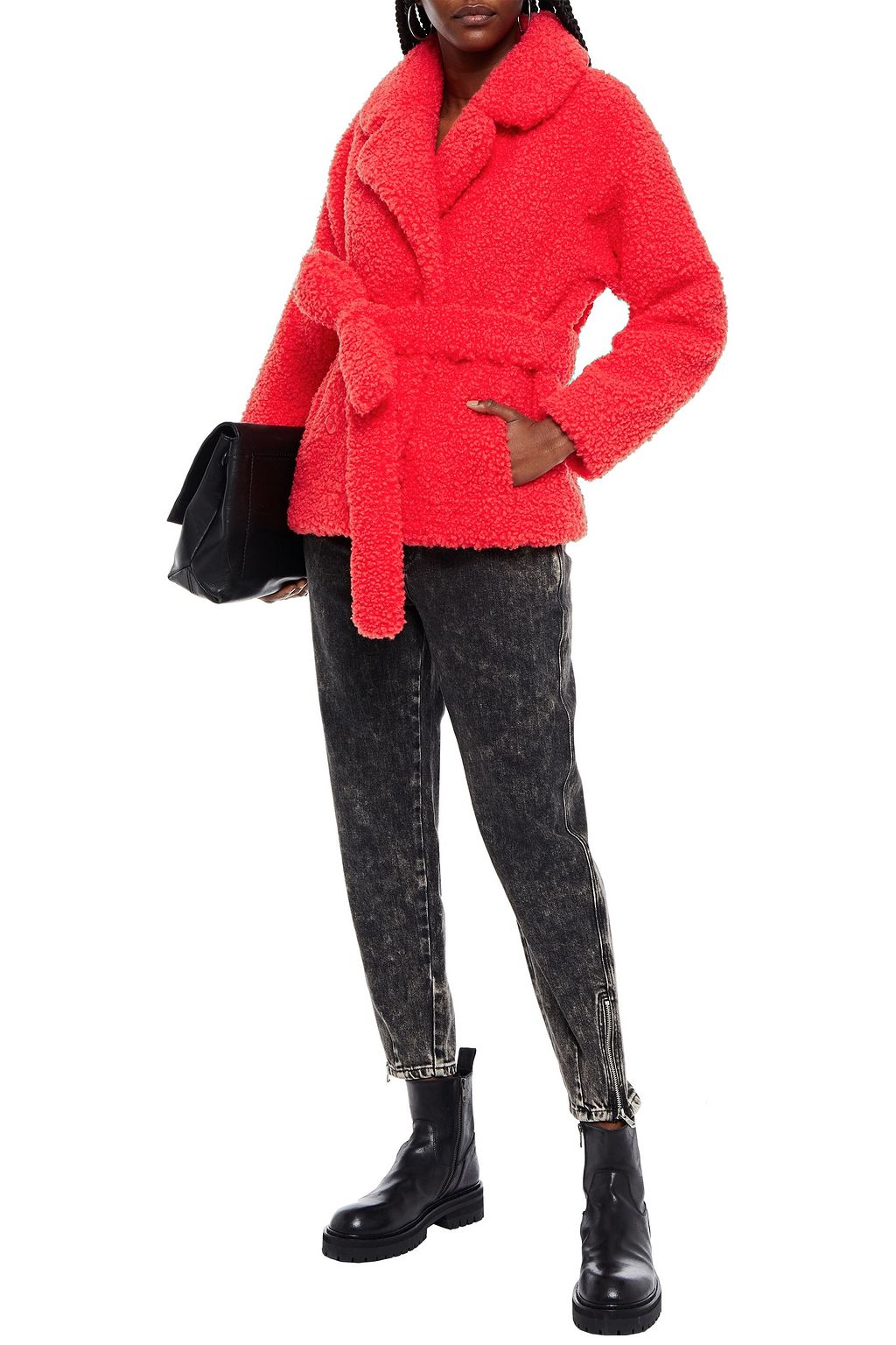 STAND STUDIO Tiffany double-breasted belted faux shearling jacket