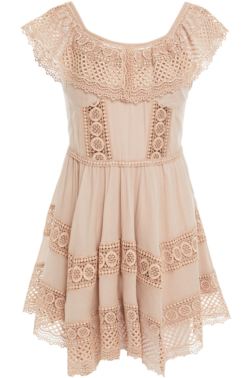 Charo Ruiz Ibiza Woman Off-the-shoulder Crocheted Lace-trimmed Cotton-blend Voile Mini Dress Neutral Size XS