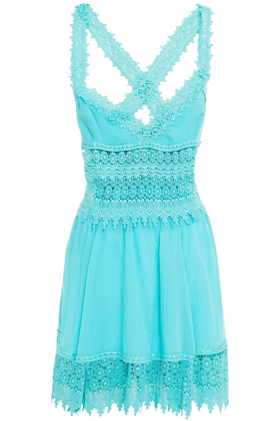 Charo Ruiz Ibiza Woman Crocheted Lace-paneled Cotton-blend Voile Mini Dress Turquoise Size L