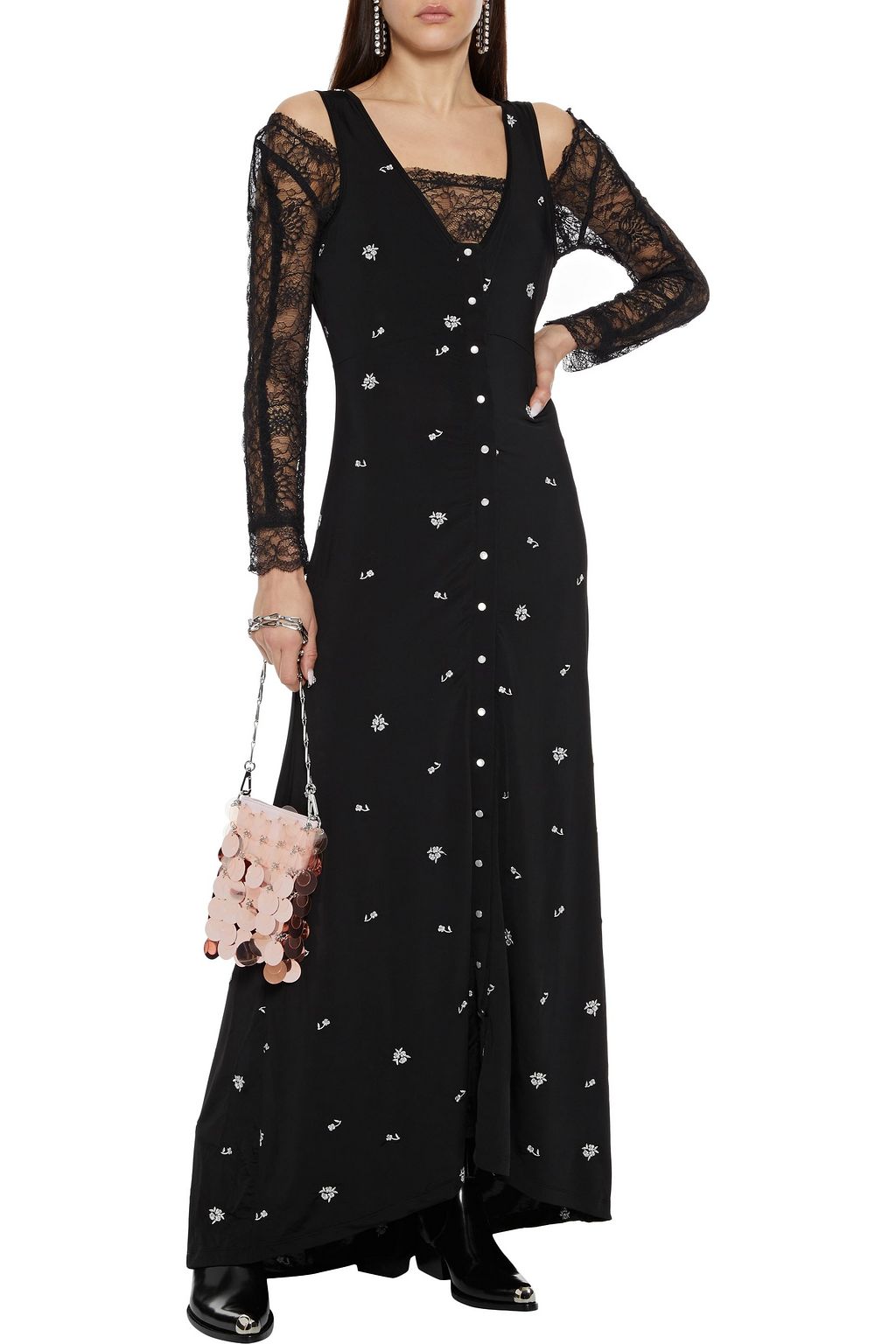 RABANNE Metallic embroidered stretch-knit maxi dress