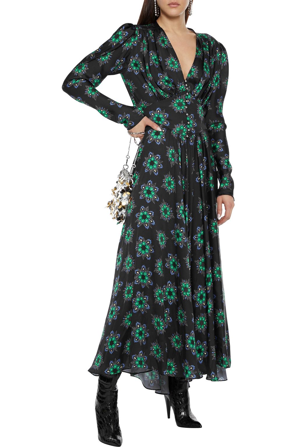 RABANNE Gathered floral-print crepe de chine maxi dress