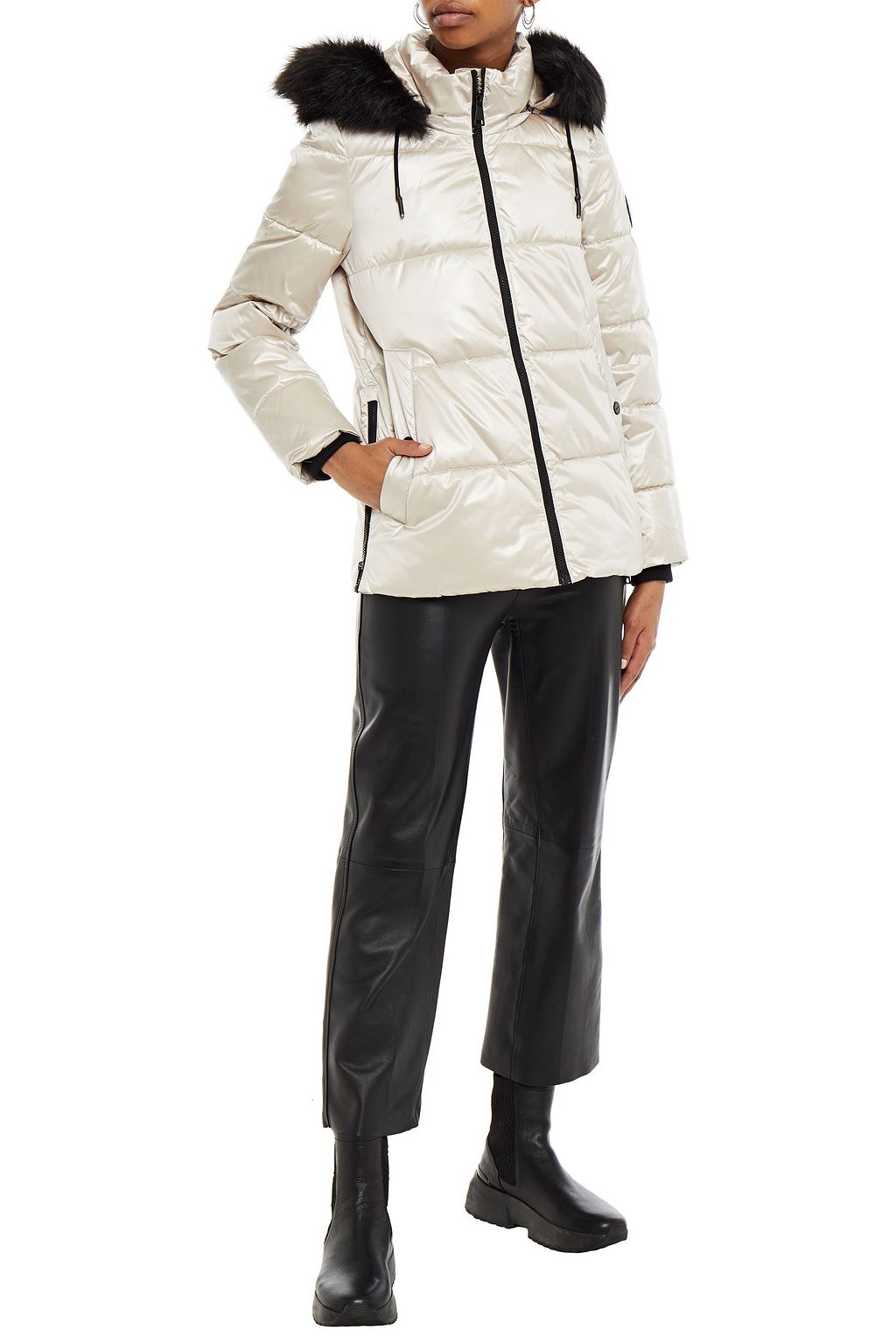 DKNY Faux fur-trimmed quilted shell hooded jacket