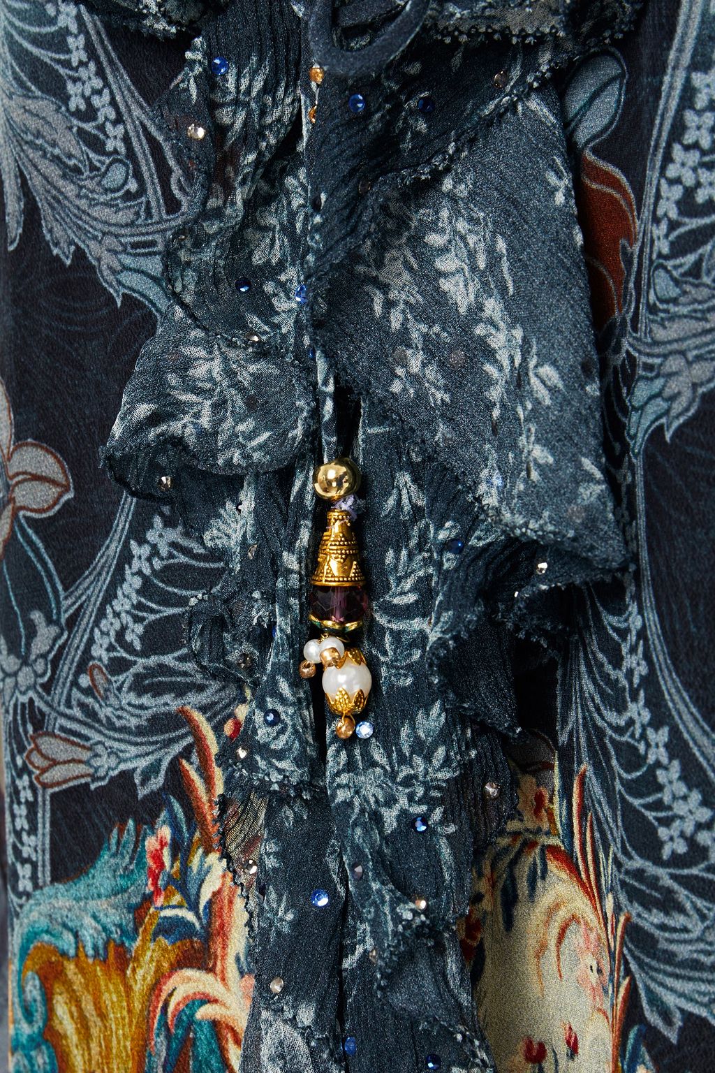 CAMILLA Lace-up ruffled embellished printed silk crepe de chine blouse