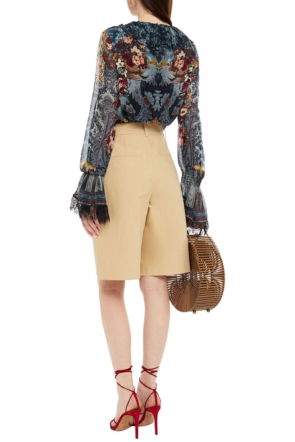 CAMILLA Lace-up ruffled embellished printed silk crepe de chine blouse