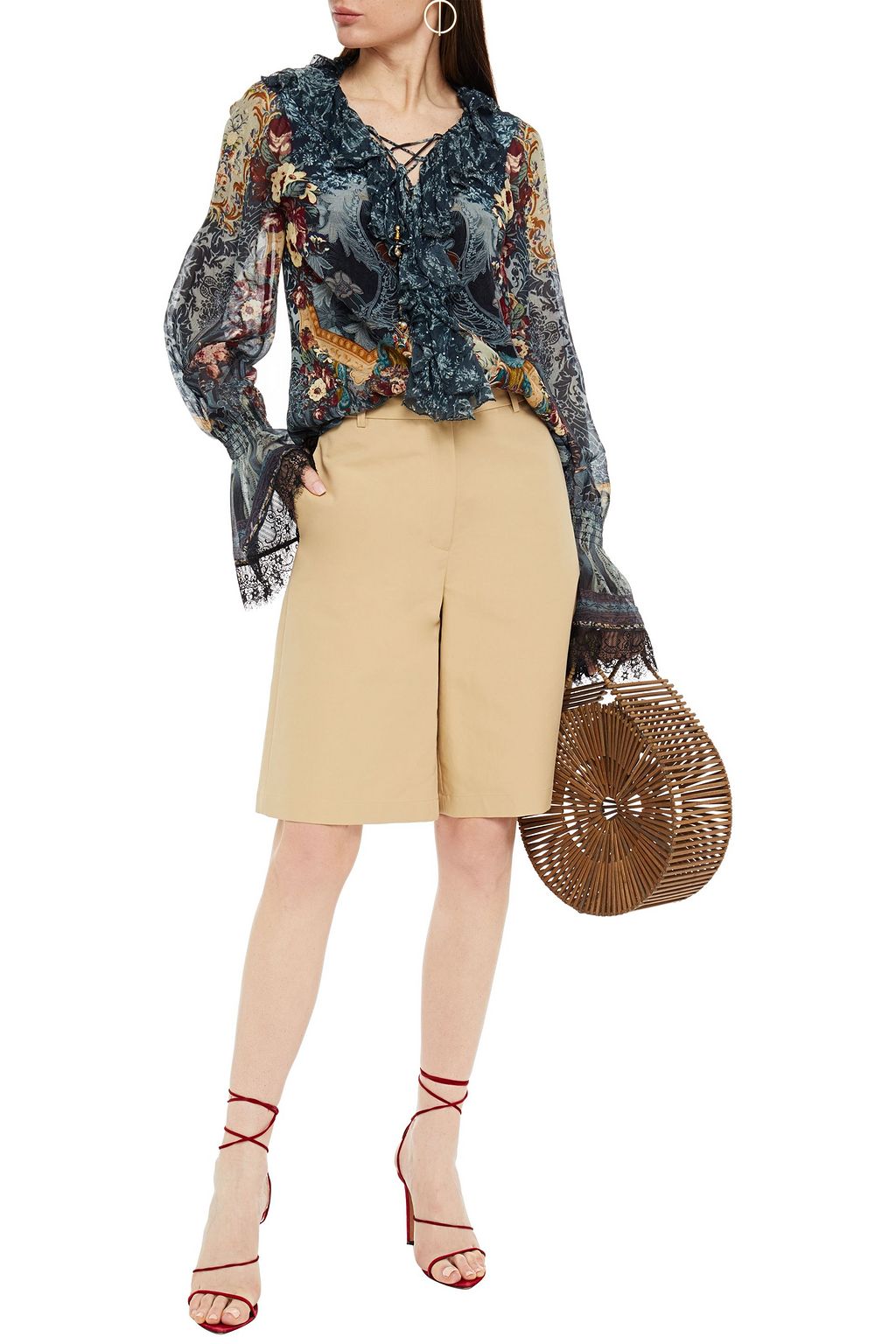 CAMILLA Lace-up ruffled embellished printed silk crepe de chine blouse