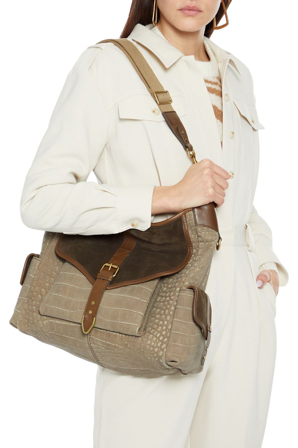 ISABEL MARANT Baroudeur croc-effect leather and suede shoulder bag